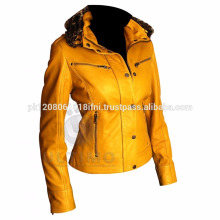 yellow hodded leather jacket for women d